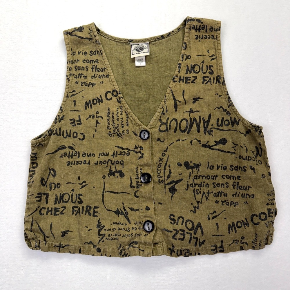 Tom Tom USA Vintage Linen Vest Olive Green French Script Print Cropped Small